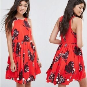 Free People Red Black Flowers Size 2 Dress Flutteby Floral Fit & Flare Pleated
